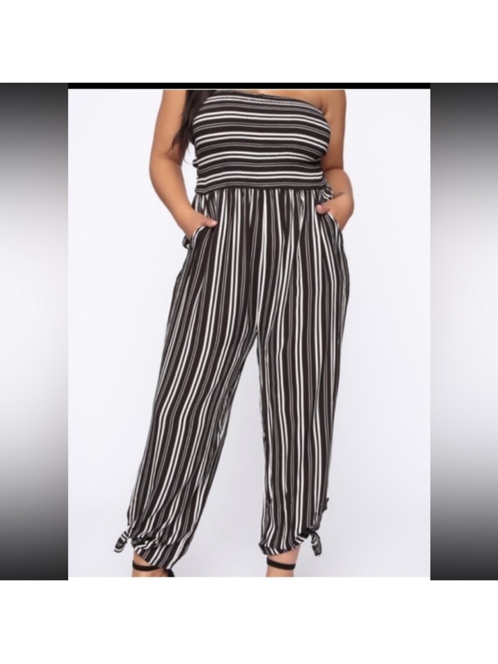 Striped Smocked Tube Jumpsuit in Black & White